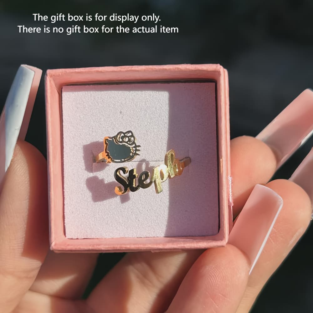 TEMU [customization] Custom Personalized Cute Hello Kitty Name Name Ring - Cute Ring With Cartoon Style - Women's Exquisite Daily Commuting Holiday Party Birthday Anniversary Festival Handmade Gift