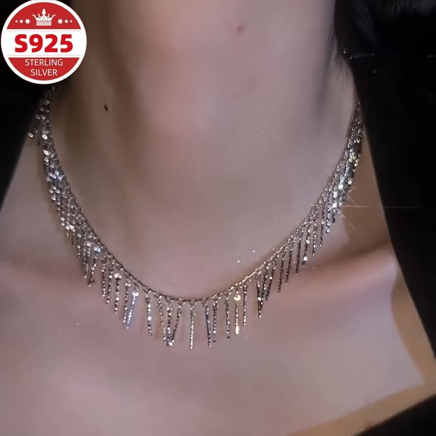TEMU S925 Sterling Silver Sparkling Fringed Necklace, Women's Jewelry, Must-have For, Perfect Gift For Valentine's Day, Halloween, Christmas, Stuffed As A Christmas Gift,