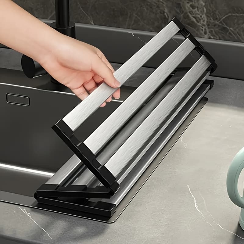 TEMU 1pc Foldable Stainless Steel Kitchen Sink - Rust-proof And Roll-, Effectively Controls Moisture, Ideal For Drying Dishes And Bowls, Dish Rack