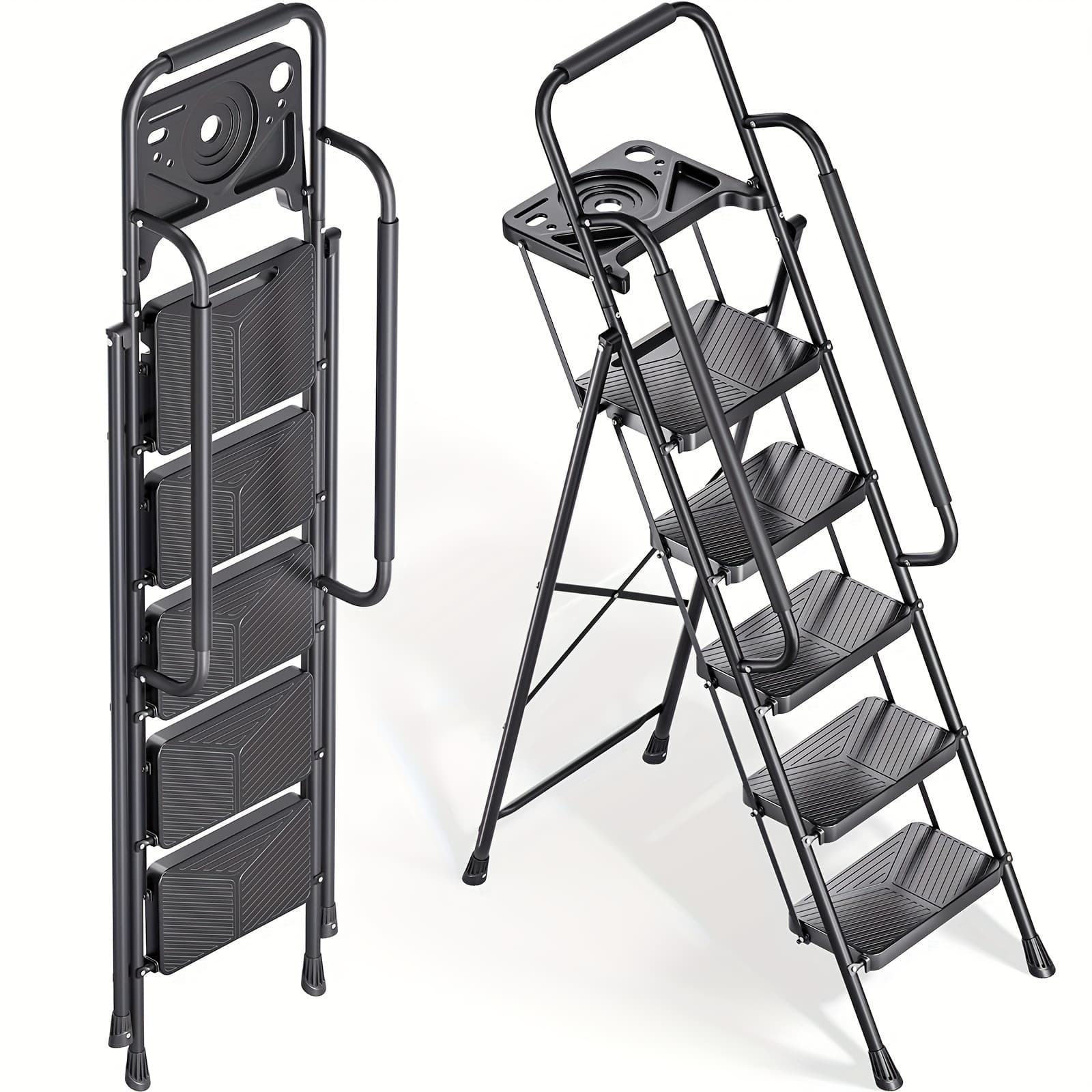 TEMU Toolf Ladder, Folding Step Stool With Design, 500 Lbs Sturdy Steel Ladder With Tool Platform, Wide Anti-slip Pedal, Convenient Handrail For Household And Kitchen, Black