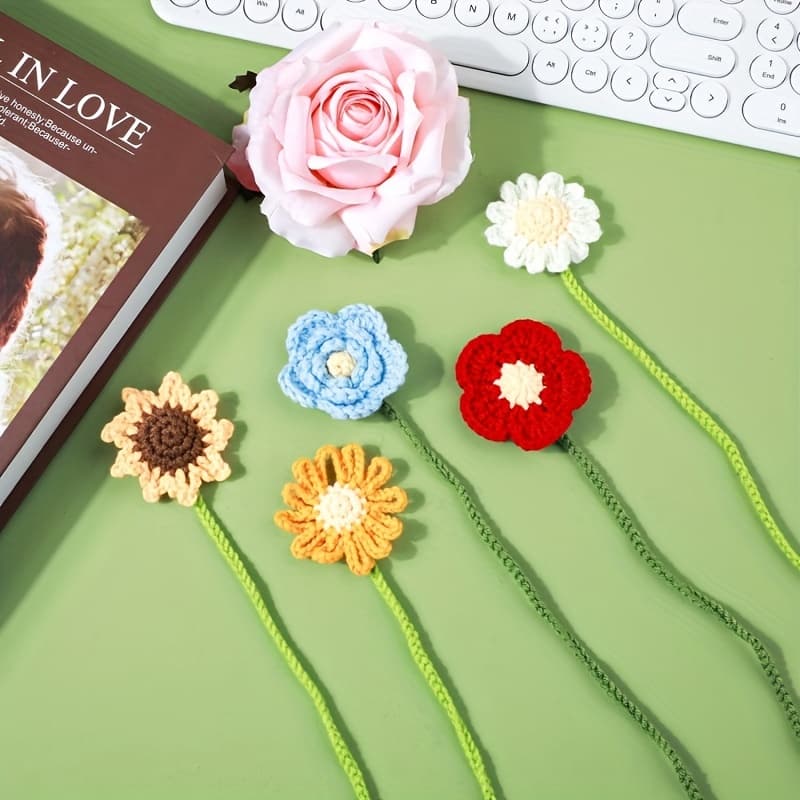 TEMU Set Of 5 Sunflower And Daisy Bookmarks, Featuring Crocheted And Knitted Floral Designs, Perfect For Women Readers, Book Enthusiasts, Teachers, And Writers. Suitable As Flower Curtain Tiebacks