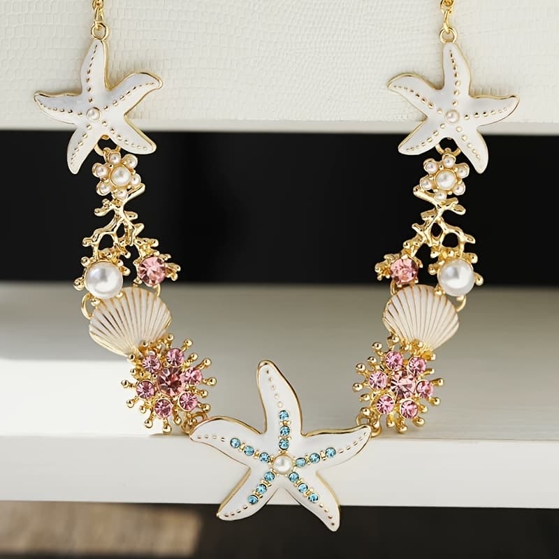 TEMU A Women's Trendy Choker Necklace Featuring A Bohemian With Starfish, Shells, And Coral Beads, Wear, Beach Holidays, And Festive Gifts