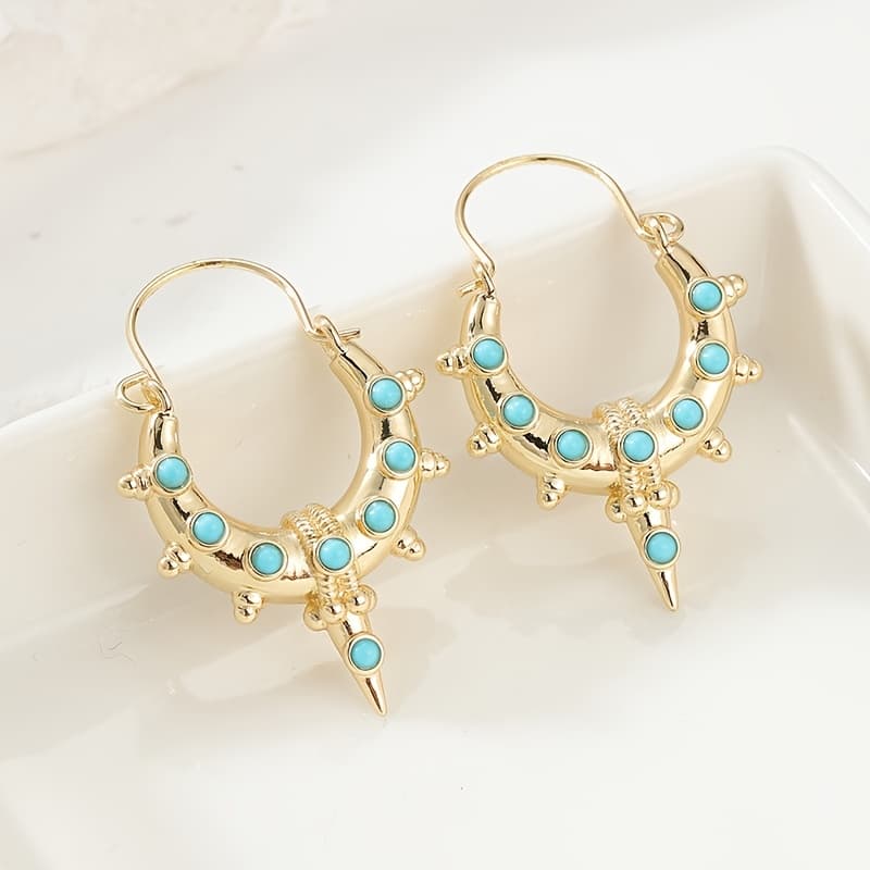 TEMU 1 Pair Of Retro And Fashionable Copper Earrings, Synthetic Turquoise Hoop Earrings, Suitable For Daily Wear, Making A Perfect Gift For Her
