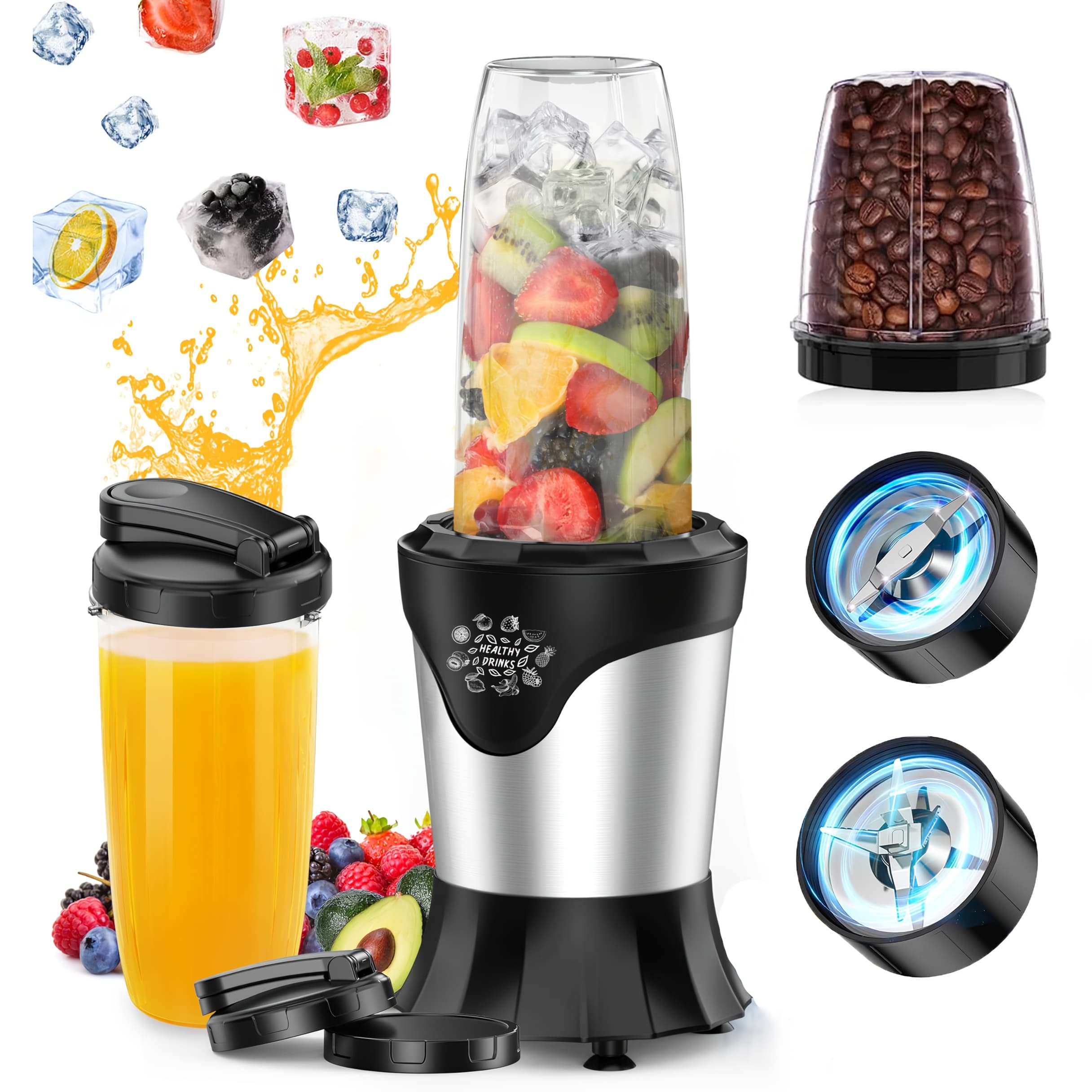 TEMU Portable With 1100w Power For Making Shakes And Smoothies, Comes With 2 22oz Cups And Lids, Includes A Portable Coffee Grinder And A 10oz Bpa-free Travel Cup, Countertop Mixer Blender