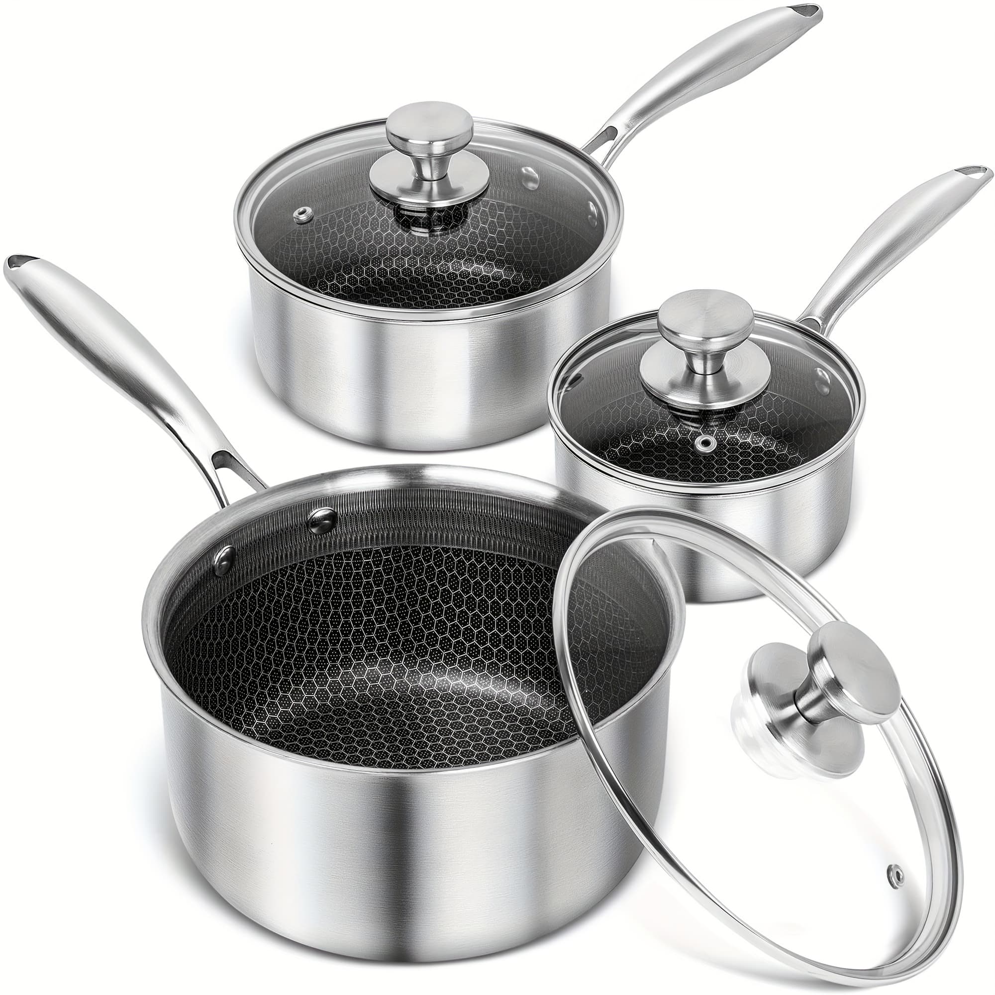 TEMU High-quality Stainless Steel Cooking Pot Set, Featuring A Triple Layer Saucepan With Cover And A Honeycomb Lined Sauce Pot