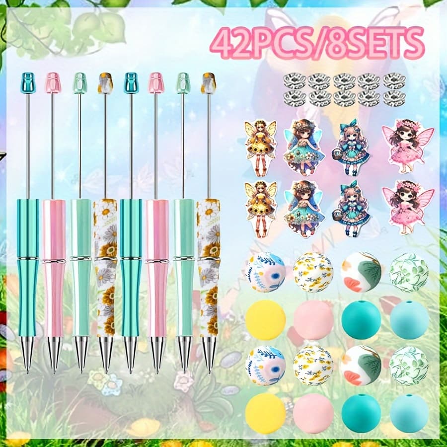 TEMU 42pcs Fairy Element Beaded Pen Set, 8sets Plastic Bead Pens With , 1mm Ballpoint Pen Diy Craft Kit, With Silicone Charms For Office And Writing Accessories