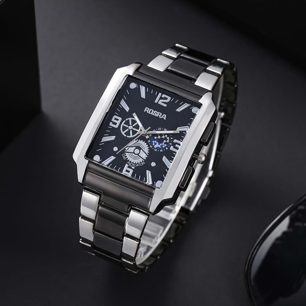 TEMU Elegant Men' Steel Watch, Silvery Black Rectangular Dial Creative Watch, Business Quartz Watch, Best Gift