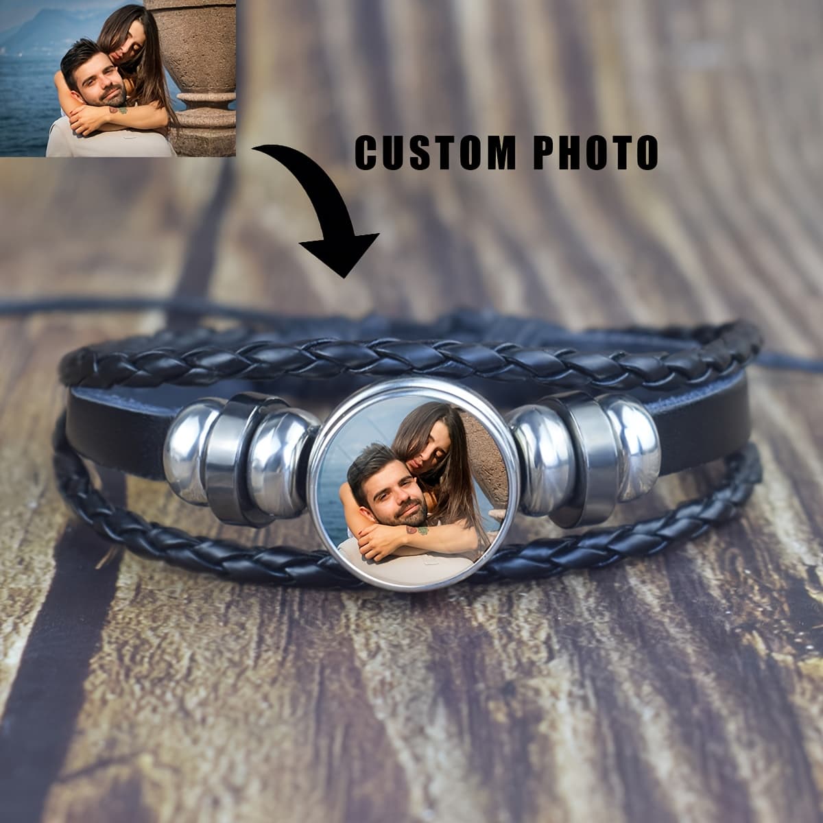TEMU [customized] 1pc Personalized Photo Snap Button Bracelet Customized Picture Braided Bracelet For Men Women