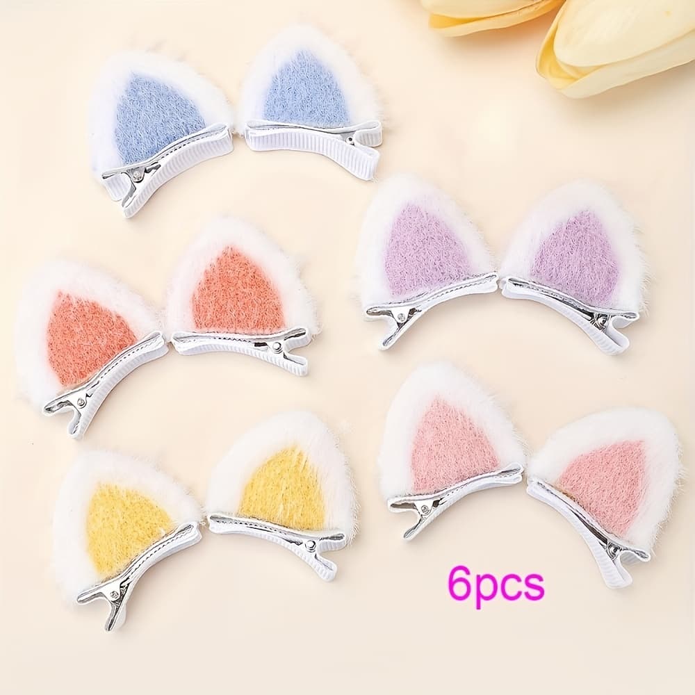 TEMU 6/8pcs Cute Cat Ears Plush Hair Clip Set For - Fashionable Alloy And Polyester Side Bangs Duckbill Clips, Hair Clip Random Color