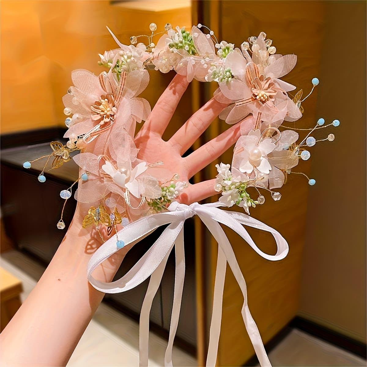 TEMU Elegant Headband, Pink And White Flowers, Golden Embellishments - Romantic Garland, Crystal Jewelry Wedding Additions, Bridal Hair Additions, Suitable For Weddings And Photos, Bridal Additions