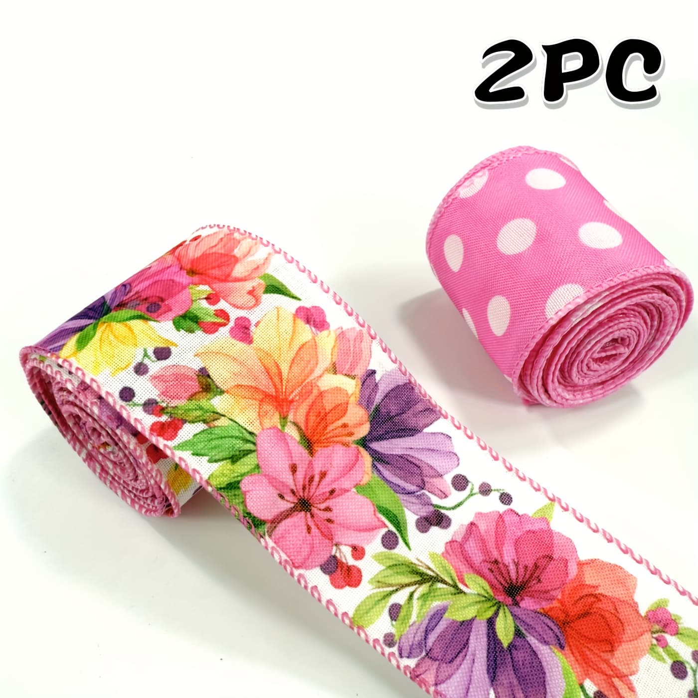 TEMU 2 Rolls, Autumn Thanksgiving Purple And Pink Floral Ribbon Wired, Purple Rose Flower And Polka Dot Ribbon For Crafts Gift Wrapping Wreath Bow Decoration