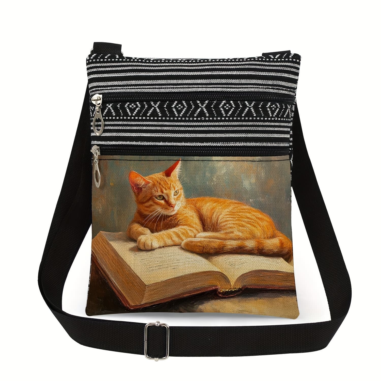 TEMU Stylish Men's Crossbody Bag With Unique Book & Cat Print - Adjustable Strap, Polyester, Perfect For Daily Commute - Great Birthday Gift