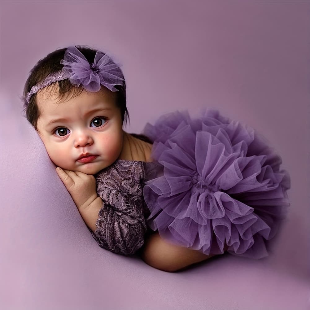 TEMU 2pcs Newborn Girl Lace Tutu & Headband Set - Pink Polyester Photography Outfit With Floral Accents, Perfect For Baby Photoshoots, Newborn Photography | Floral Accent Outfit | Polyester Fabric