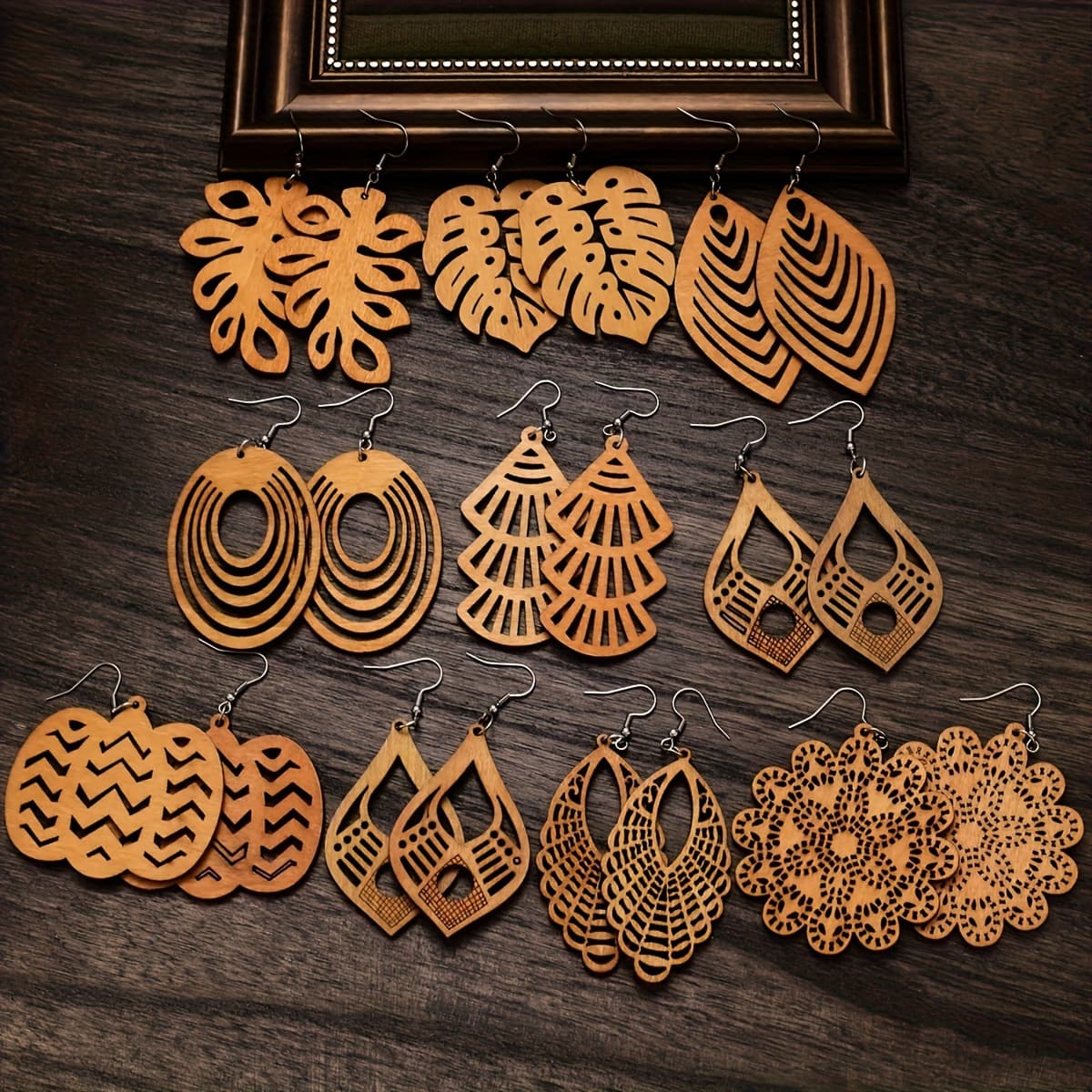 TEMU 20 Pieces Of Vintage Bohemian Leaf Pumpkin Drops Wooden Hoop Drap Earrings Set For Women' Light Luxury Match For Parties, Vacation Dates, Gifts