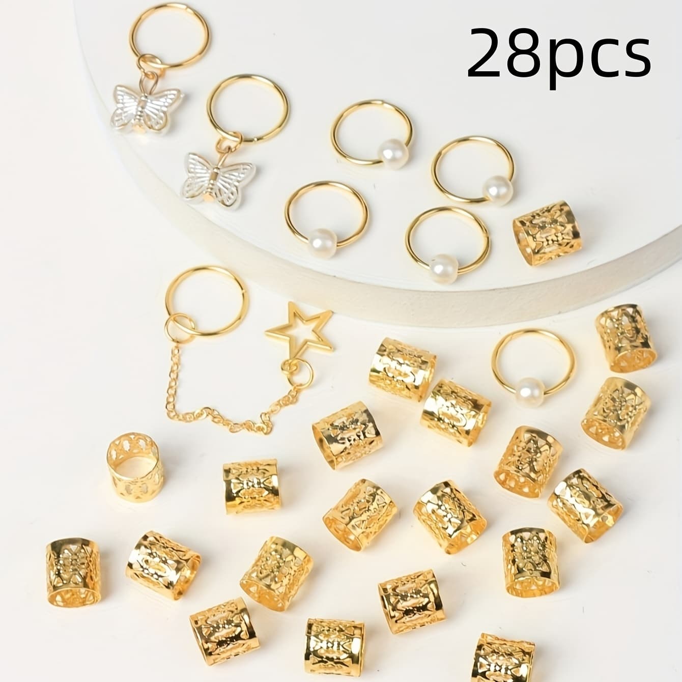 TEMU 28pcs Hair Braids Cuffs, Hair Charms Dreadlock Jewelry Braid Jewelry Hair Braid Rings Braid Decorations Jewelry For Hair Dreadlock Accessories Hair Pendants