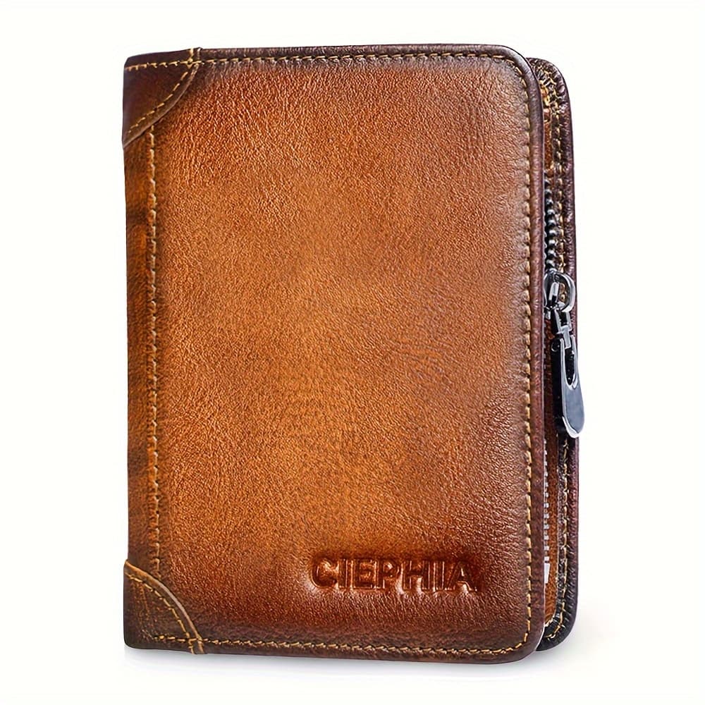 TEMU Rfid Blocking Bifold Genuine Leather Wallets For Men With Zipper Coin Pouch, Top Layer Cowhide Vintage Multi Function Card Holder Wallet With 2 Id Windows