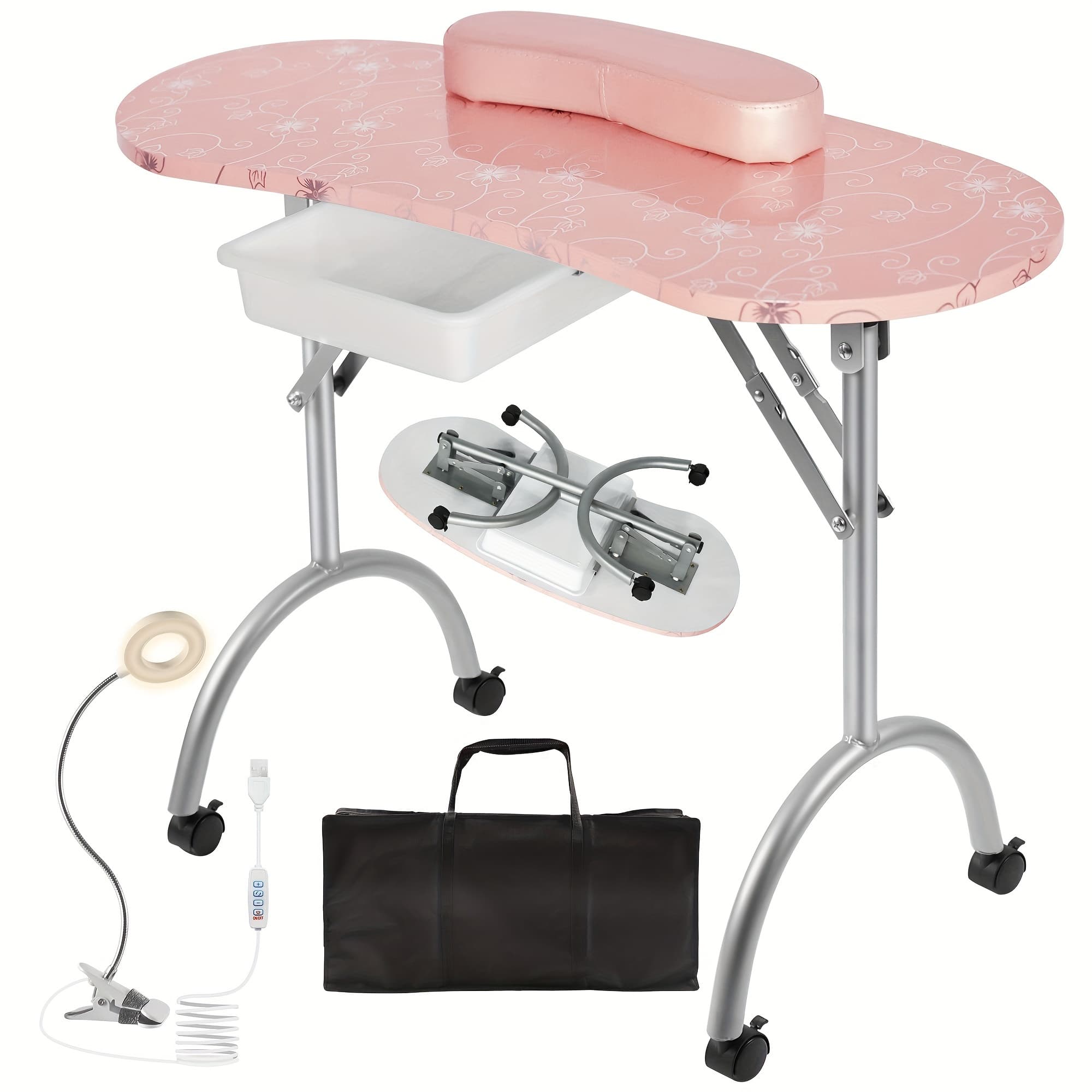 TEMU Foldable Nail Table For , Featuring A Drawer, Led Lamp, 4 Lockable Wheels, And A Carrying Bag, Designed For With A Wrist Cushion