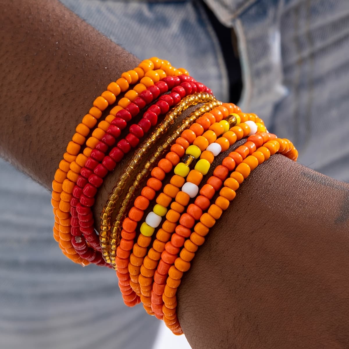 TEMU 11pcs Bohemian Orange Rice Bead Bracelet Set Dopamine Color Stringed Layered Bracelets Suitable For Daily Parties And Gifts For