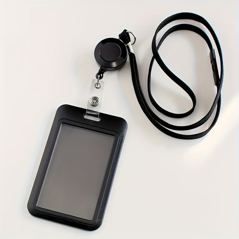 TEMU Professional Retractable Badge & Card Holder Set With Black Lanyard - Durable Abs, Ideal For Work