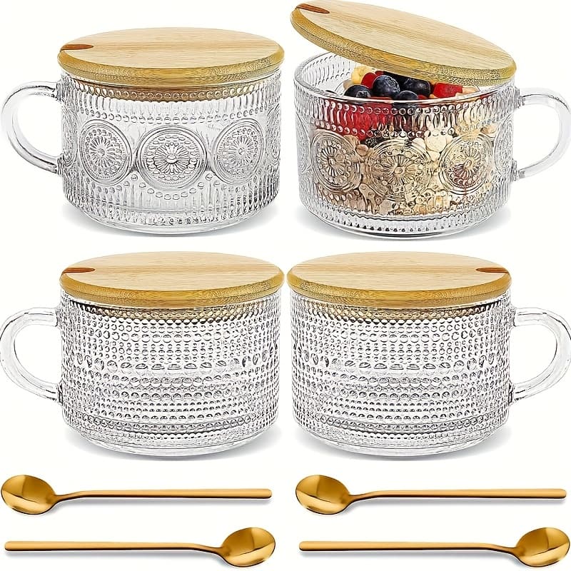 TEMU 4pcs, 13oz/384ml, Vintage Sunflower Breakfast Cup Set - High- Cup, Multifunctional Cutlery With Spoon And Lid, Suitable For Coffee, Tea, Cappuccino, Latte, Grains, Yogurt, Milk.