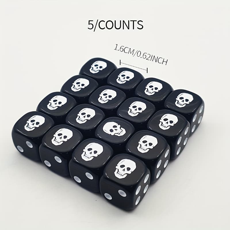 TEMU Set Of 5 Black Dice Measuring 1.6cm, Featuring A White Design, Perfect For Dark-themed Occasions Like Halloween And Christmas, Ideal As Gifts For Couples, Bachelor Parties, Or Family