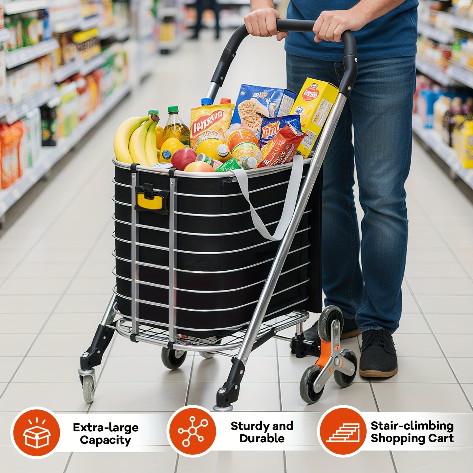 TEMU Compact Collapsible Shopping Cart, Portable Stair-climbing Trolley Featuring A Interior, Versatile Transporter, Supermarket Camping Cart With Swivel Wheels And A Night Light