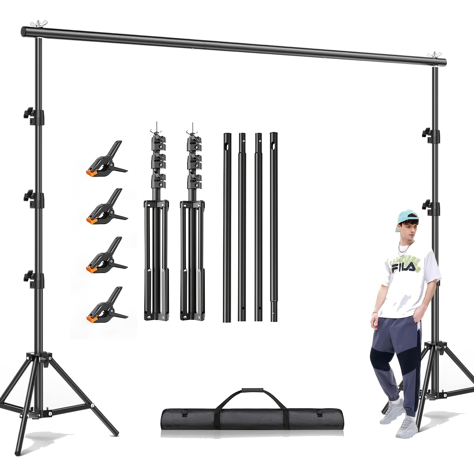 TEMU 10x10ft Heavy Duty Backdrop Stand, Adjutable Background Support Kit With 2 Backdrop Support Stands, 4 Crossbars, 4 Clamps, And Carry Bag For Photography Video Stutio, Parties Decoration