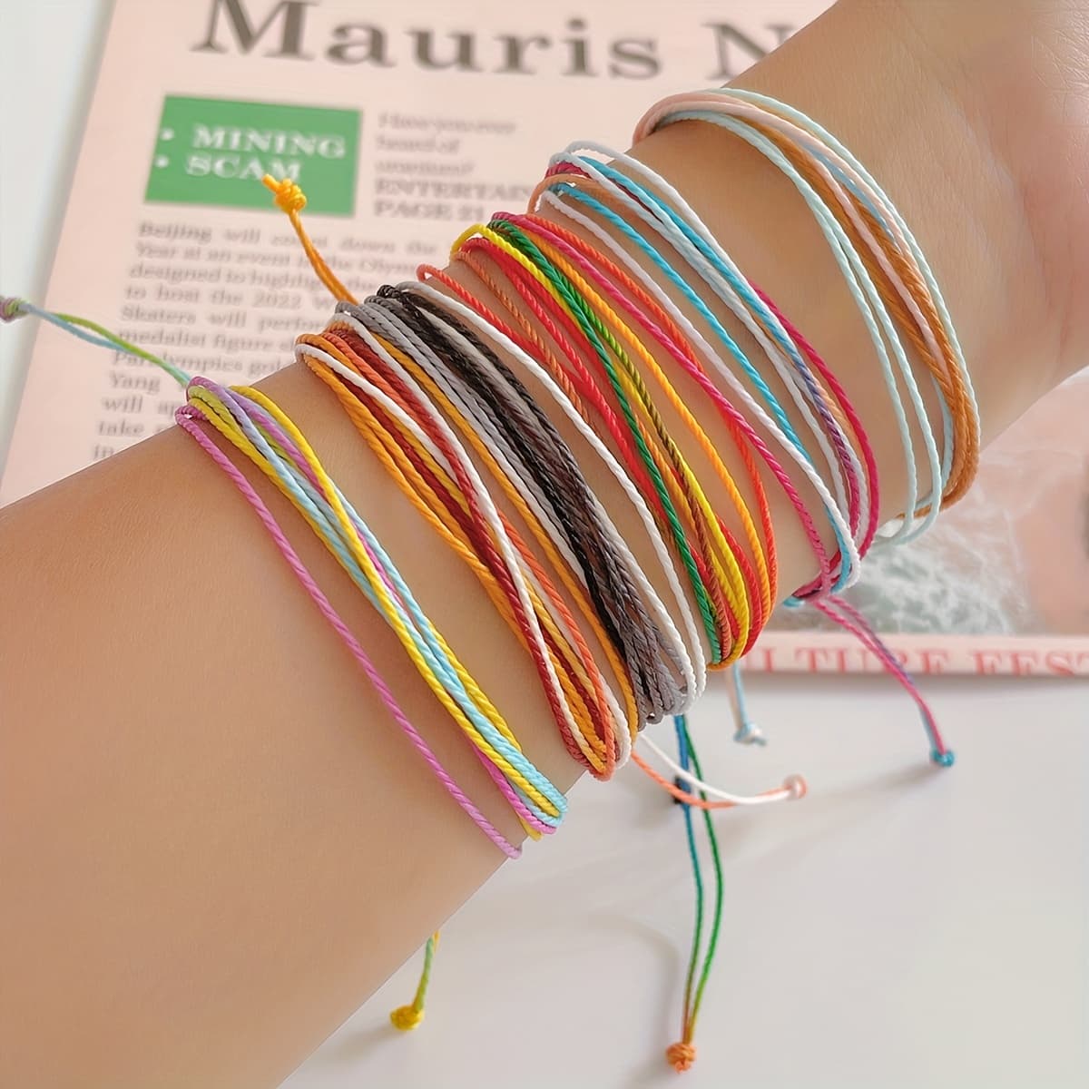TEMU 6pcs Bohemian Style Hand-woven Bracelets - Colorful Waterproof Wax Cord, Adjustable Friendship Bracelets For Women, Perfect For Summer, Beach Vacations & Parties