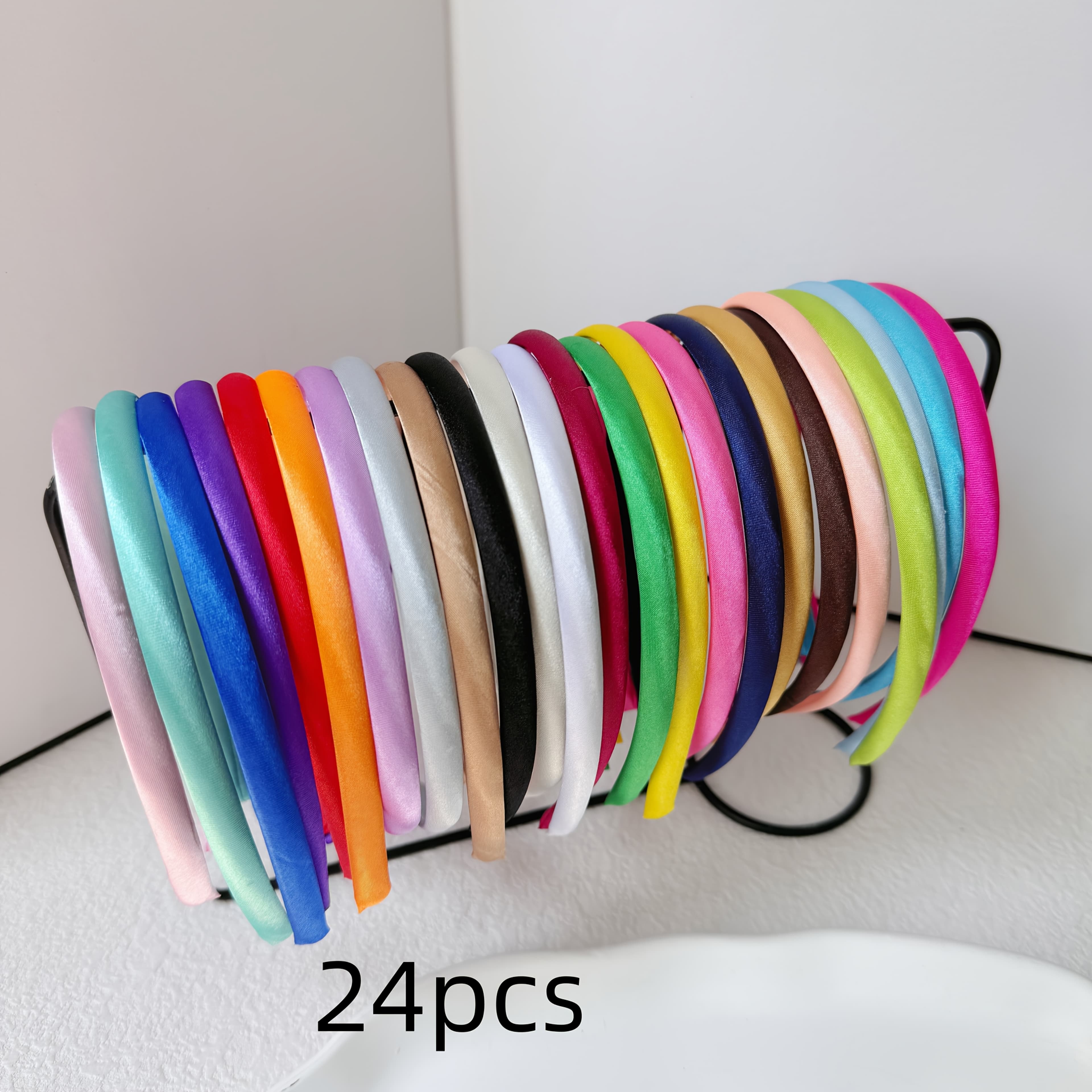 TEMU 24pcs Satin Fabric Hairband Set, Diy Plastic Hairbands, Satin Pressed Hair Hoops, Hair Accessories