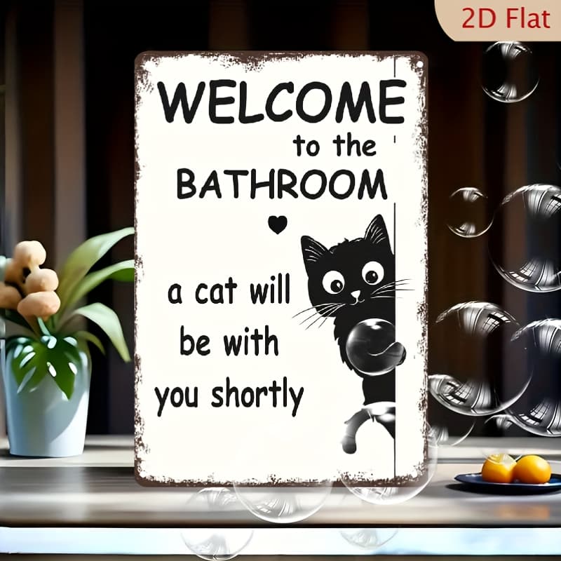 TEMU 2d Flat - Ynlloofa 2d Flat Vintage Black White Cat Wall Art - "welcome To The Bathroom" Funny Metal Tin Sign - Retro Bathroom Decor With Cat Design - Aluminum Tin Sign For Restroom 8x12in