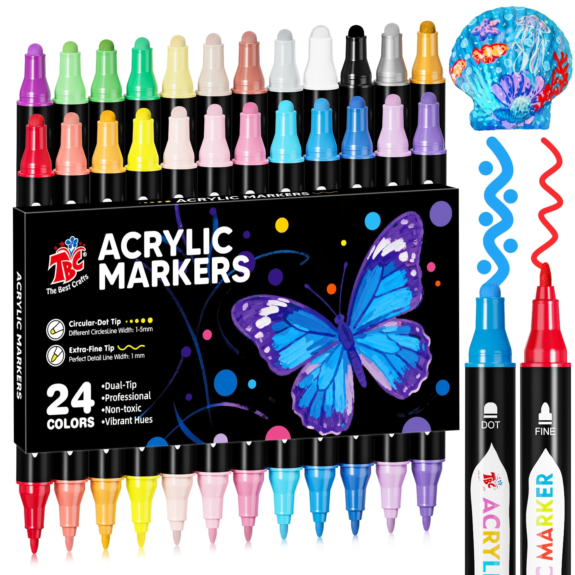 TEMU Tbc The Best Crafts 24 Colors Dual Tip Acrylic Calligraphy Pens, Dual Tip Tip And Brush Tip Pens Fornon-toxic , Perfect For Paper, Stone, Wood, Fabric, Glass & More