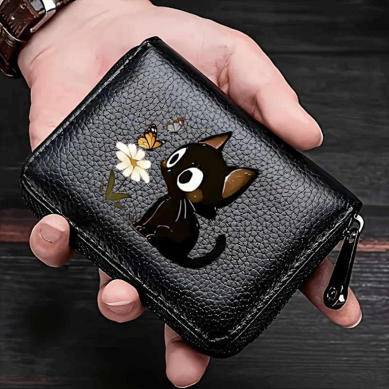TEMU A Cat Watching A Pattern Rfid Small Zippered Lychee Pu Wallet For Men Accordion-style Card Slot Women Purse, Credit Card Holder Wallet Card Black Pur Unisex Ladies' Gift Gifts For Men