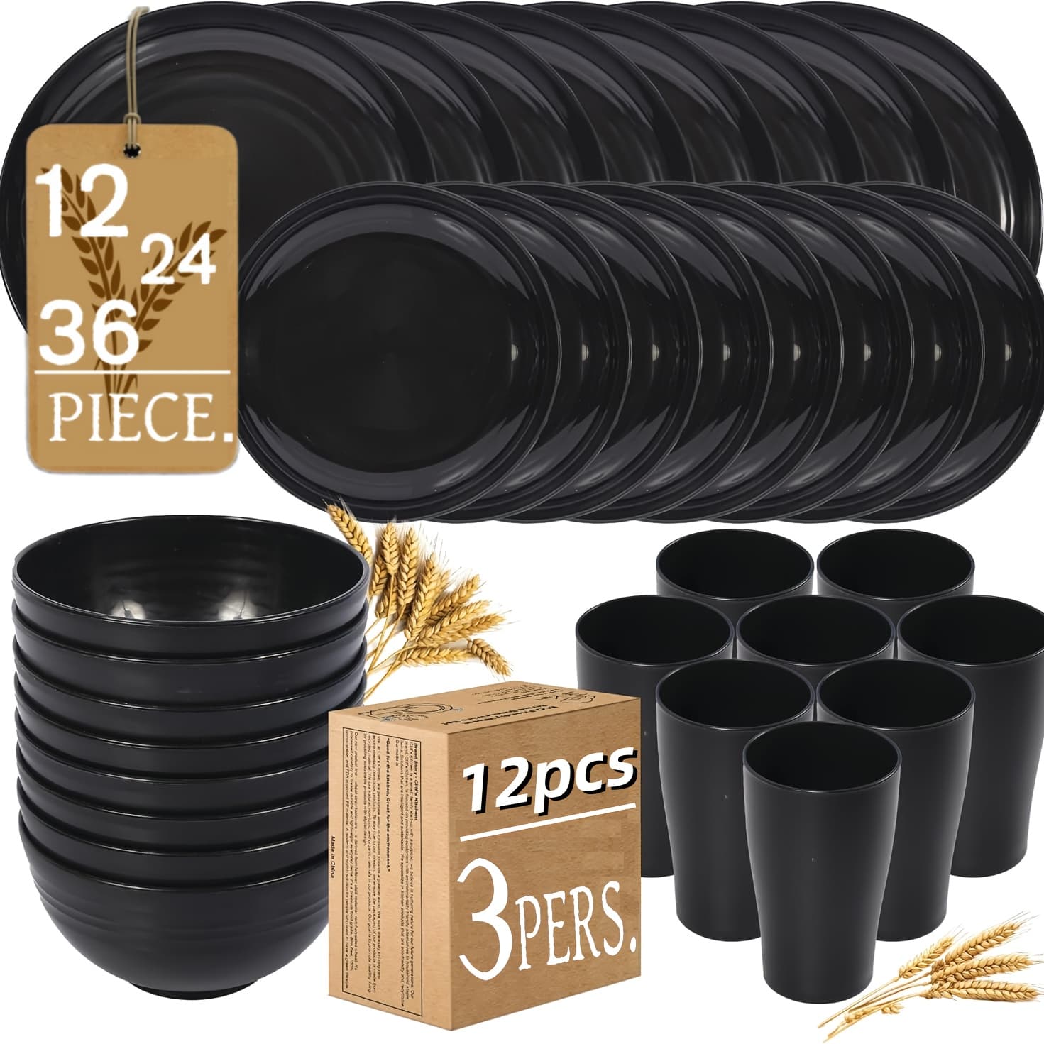 TEMU 12/24/36 Wheat Straw Dinnerware Sets - Dishes, Reusable Plastic Plates, Dishwasher And Microwave Safe Plates And Bowls Sets, Bowls, Drinking Cups, Plastic Dishes For Camping, Party