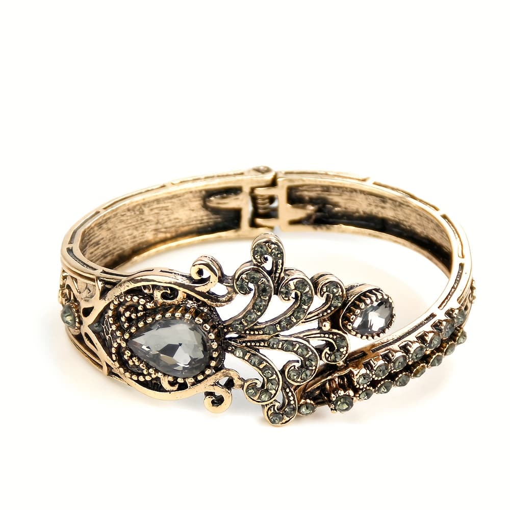 TEMU An Elegant Vintage Middle Eastern Turkish Women's Bracelet With Gray Rhinestones, Featuring Embossed Floral Patterns And An Ethnic Style With A Flexible