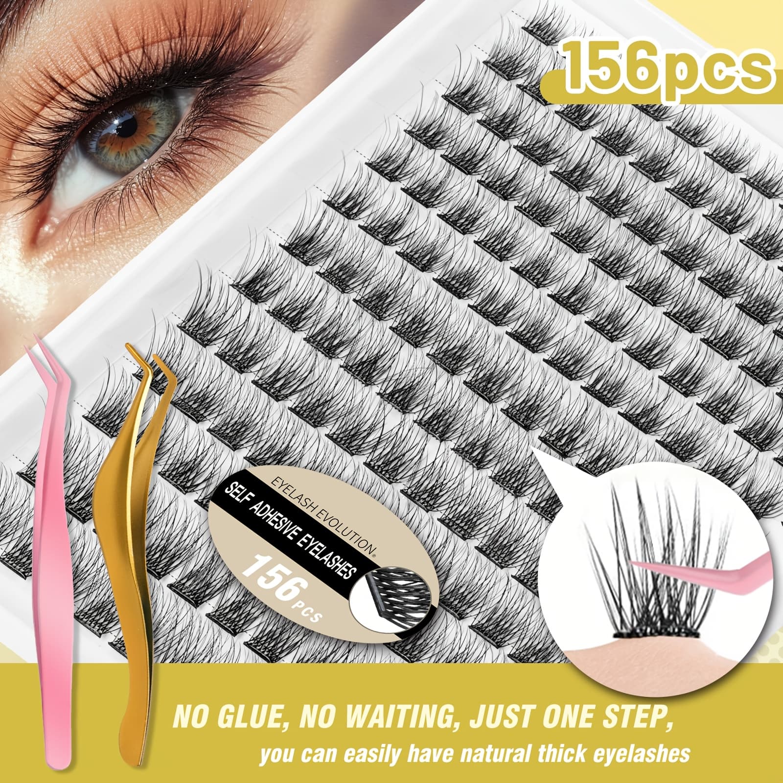 TEMU 156pcs Self Adhesive Eyelashes Clusters Kit With 2 Tweezers Lash Clusters Diy Eyelashes Pre Reusable No Glue Needed No Remover No Residue