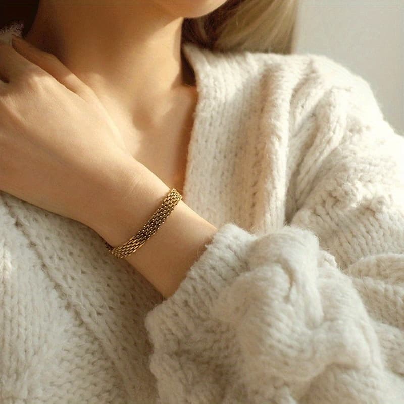 TEMU 1pc Summer Fashion Women's 18k Golden Plated Stainless Steel Bracelet Vintage Minimalist Woven Texture Hypoallergenic Bangle Not Easy To Fade Daily Jewelry Banquet Gift