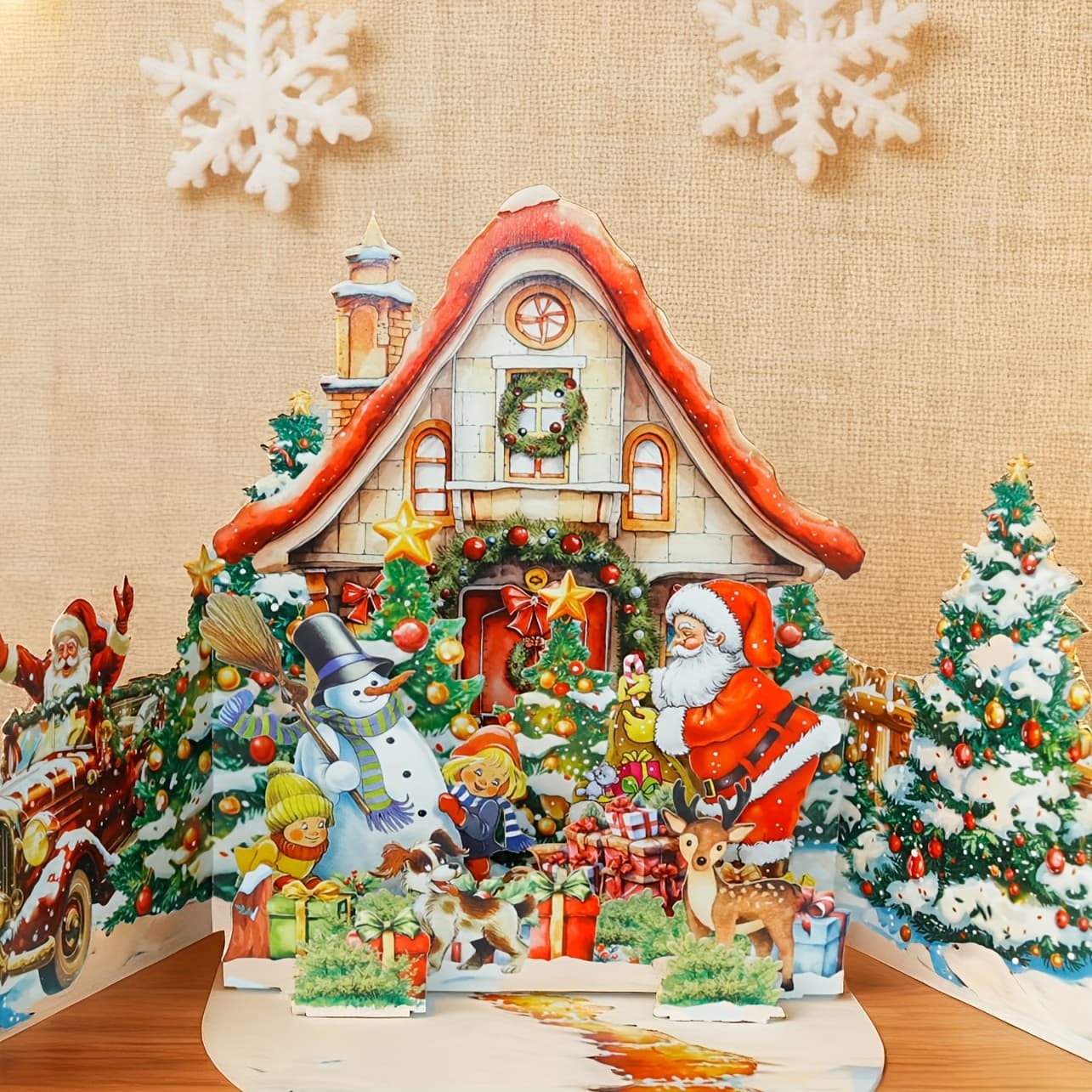 TEMU Magical 3d Christmas Pop-up Card, Festive Santa Claus And Snowman Design, Vintage Greeting Card For And Decor, Christmas Decor, Party Invitation Card