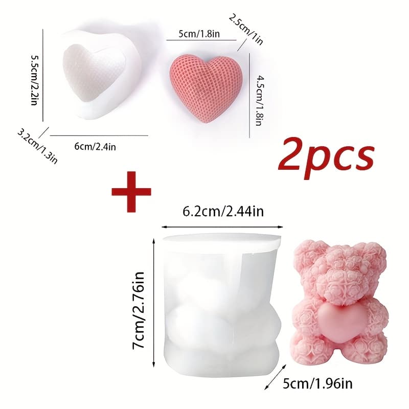 TEMU 2pcs Handheld Heart Teddy Bear Silicone Candle Mold, Woven Heart Diy Valentine's Day Gift