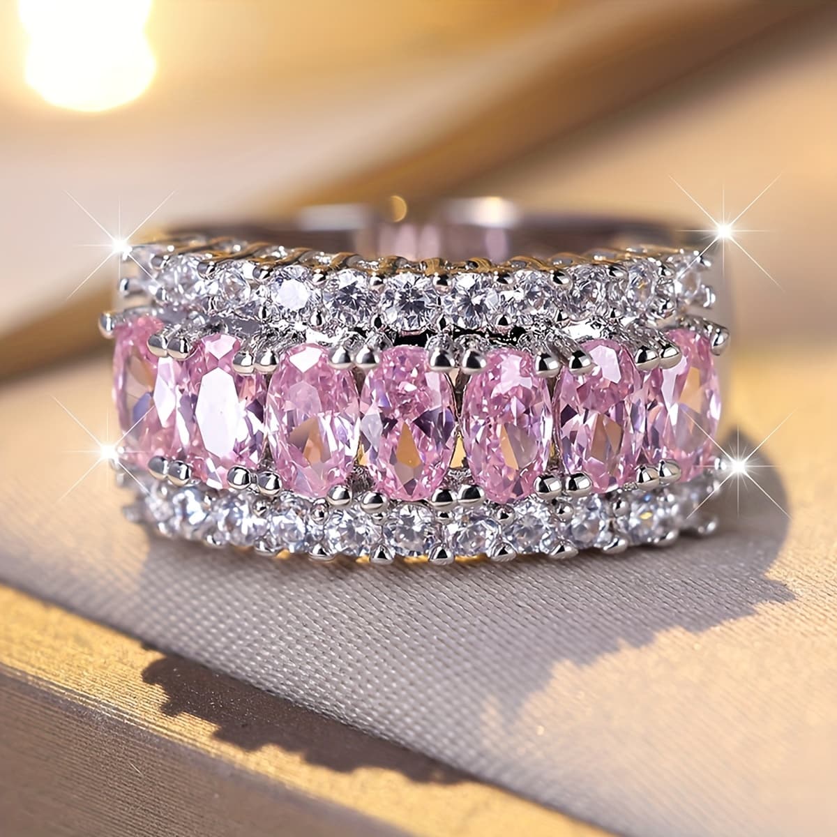 TEMU Clear Cubic Synthetic Zirconia Wave Band Ring For Women - Bohemian Style, Copper With Silvery/golden Finish, Ideal For Christmas Party & Daily Wear