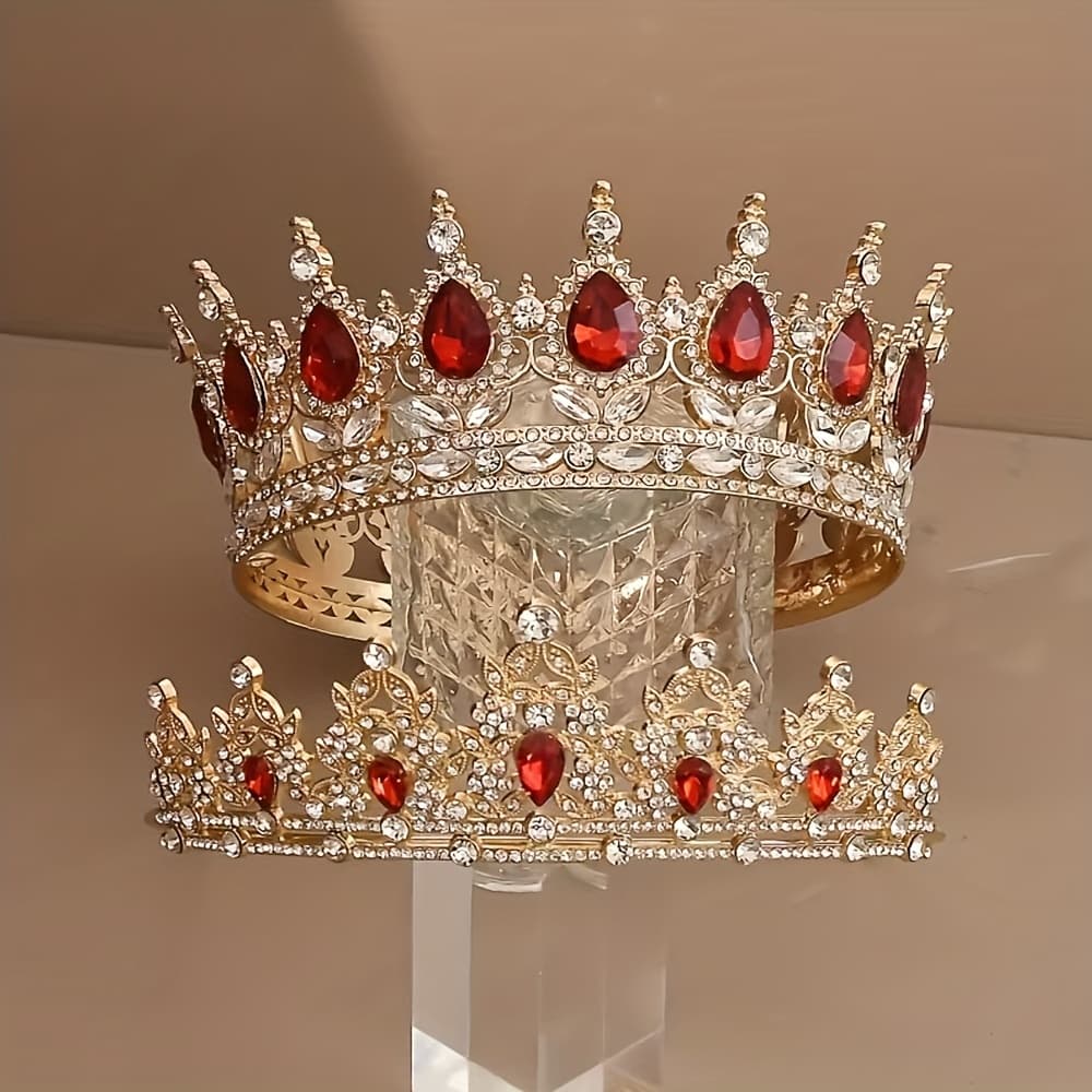 TEMU 2pcs High-end Baroque-style Crowns, With Red Cubic Zirconia, Suitable For Princess And Knight-themed Parties, Dance Performances, And Celebratory Events, Exuding A Retro And Luxurious Style