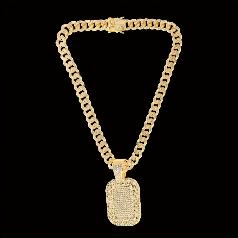 TEMU 2 Luxurious Golden Cuban Chain Necklaces With Sparkling Dog Tag Pendants - Alloy, Suitable For Casual Attire And Music Festivals, Ideal Gift.