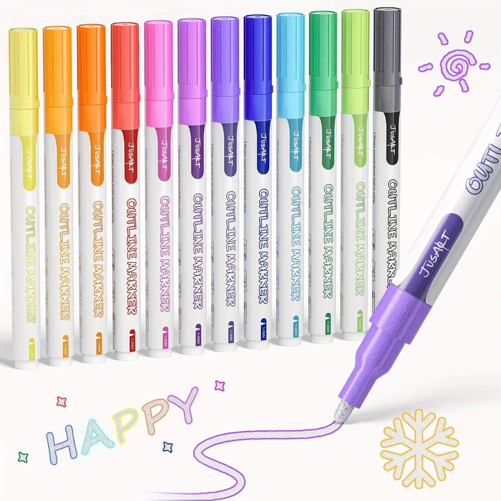 TEMU Outline Markers 12 Colors, Glitter Markers For Greeting Card Art Crafts, Girls Teens Stocking Stuffers Shimmer Markers, Metallic Sparkle Markers Painting Drawing Supplies