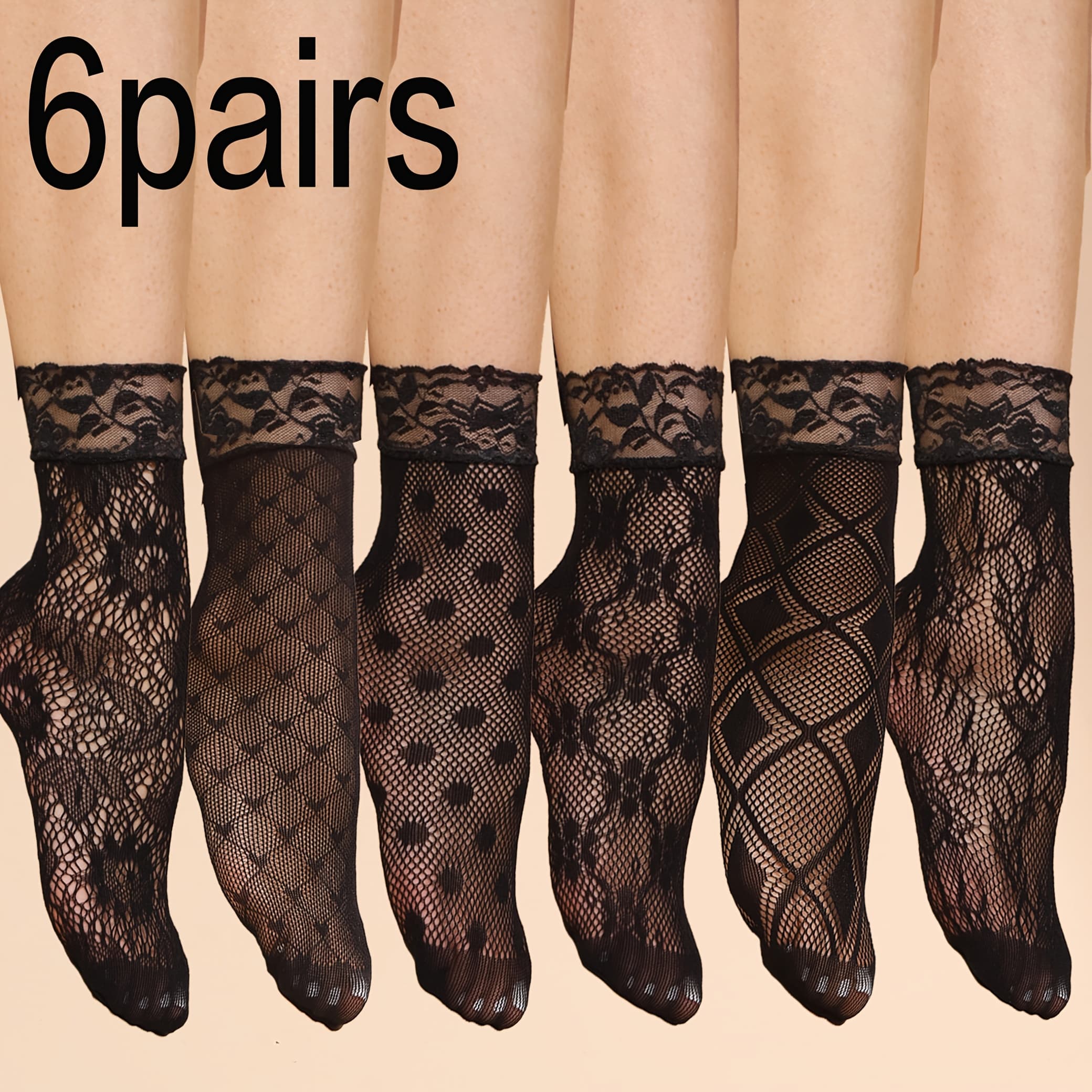 TEMU 6 Pairs Of Women's Socks Set, Flower Print Lace Calf Socks, Novelty Lining Socks Mid-calf Socks
