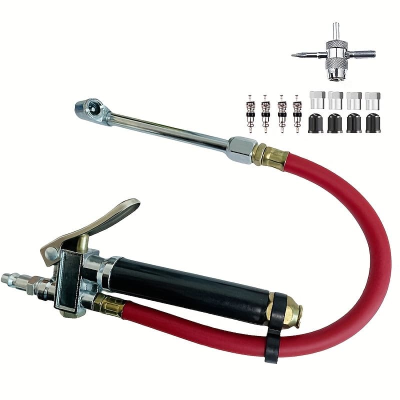 TEMU Air Gauge Red Hose Kit [heavy-duty Tire Inflator] Heavy-duty 10-120psi Tire Inflator Gauge - 12-inch Air Hose With Tool Valve Core And Pressure Gauge