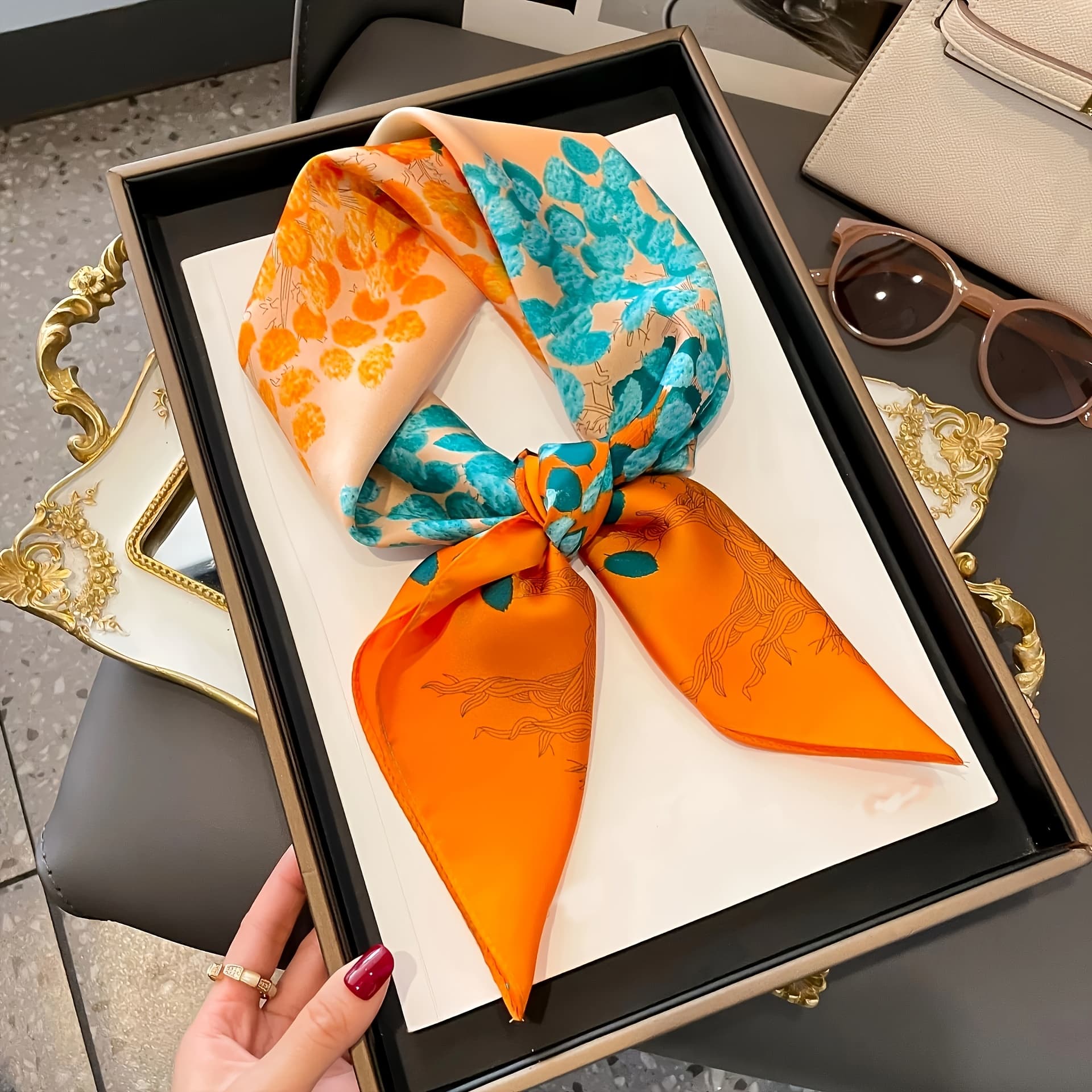 TEMU Pattern Square Scarf 27.5 Inches Sunshade Decorative Fashionable Headband Hair Tie For Daily Use