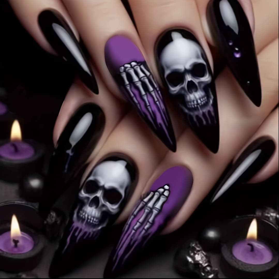 TEMU 48psc Halloween Women's False Nails Almond Medium Length With Claw Shiny Nail Removable Press Type Repeated Use