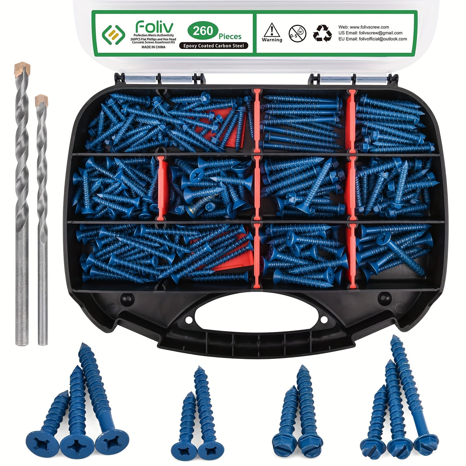 TEMU 260pcs Concrete Screws With Drill Bit, 1/4 3/16 Concrete Screws Assortment Kit, Flat And Hex Head Masonry Block Brick Cement Screws And Anchors, Diamond Point, Length From 1-1/4" To 2-1/4"