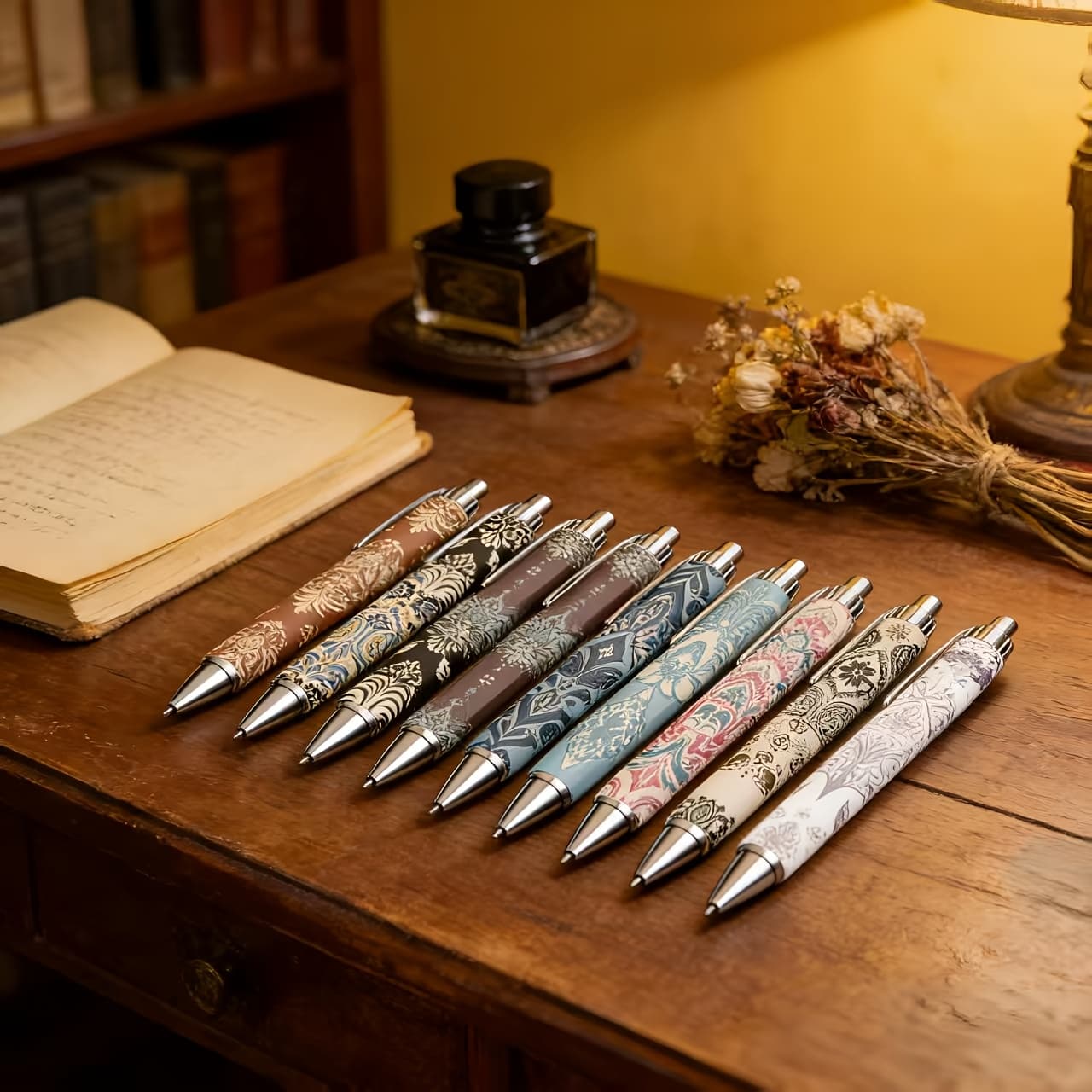 TEMU 11pcs Vintage Floral Pens | 0.5mm Black Fine Point, Fashion Aesthetic Design, Smooth Writing, Non-bleed Ink, Plastic, Ergonomic, Washable, Retractable For Office, School, Journaling & Note Taking