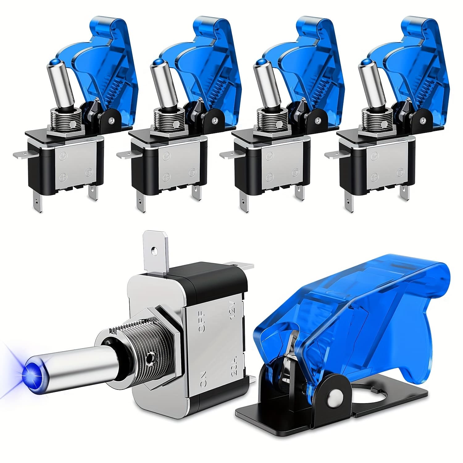 TEMU 5pcs Led Toggle Switch On Off 12v Blue Lighted Aircraft Safety Cover Heavy Duty 20a 3 Pin Rocker For Automotive Cars Trucks Boats Racing Cars Nilight, Without Battery