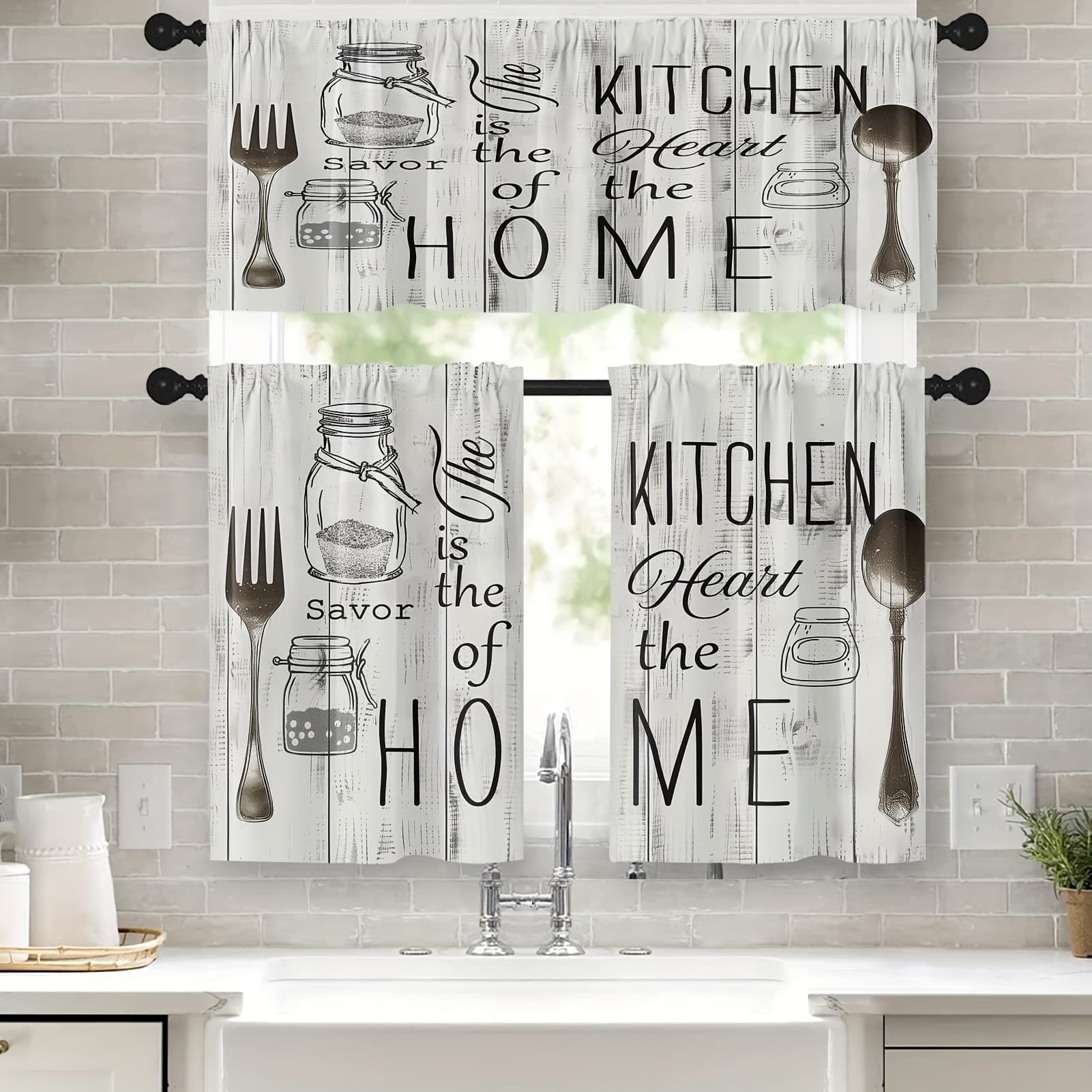 TEMU 3pcs 36 Inch Kitchen Curtains Rustic Window Curtains And Valances Set Of 3, Vintage Barn Country Wooden Wood Short Tier Curtain, Vintage Small Kitchen Decor